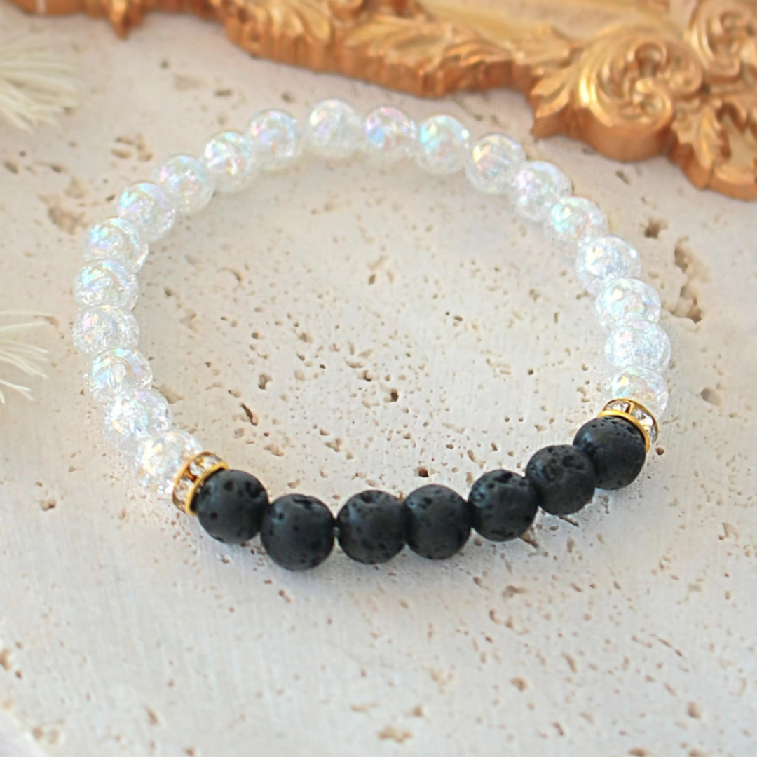 Lavastein Aroma Armband - Schwarz & Weiss/Kristall